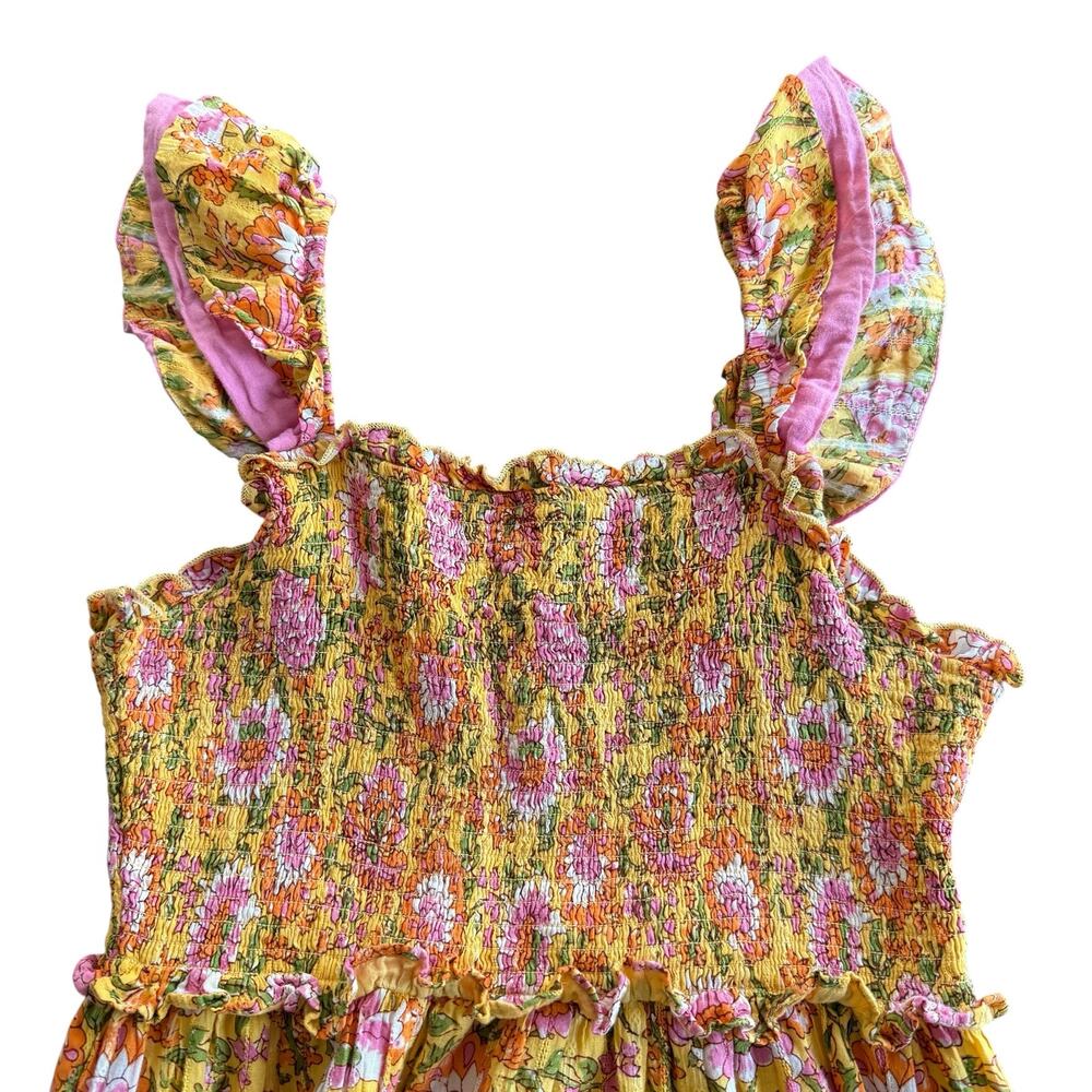THML Women’s marigold/yellow floral dress, smocked bodice, pockets, ruffle, L - Picture 5 of 7